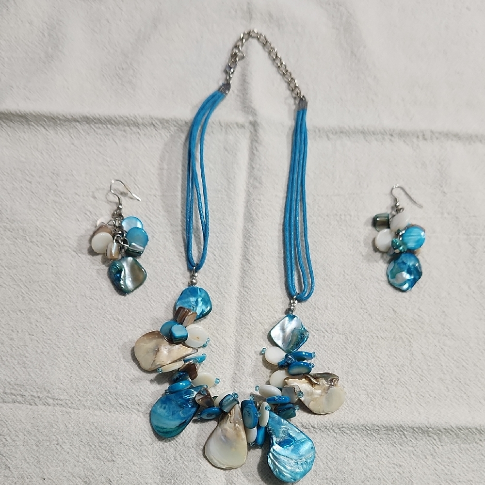 Blue and White Shell Necklace and Earring Set